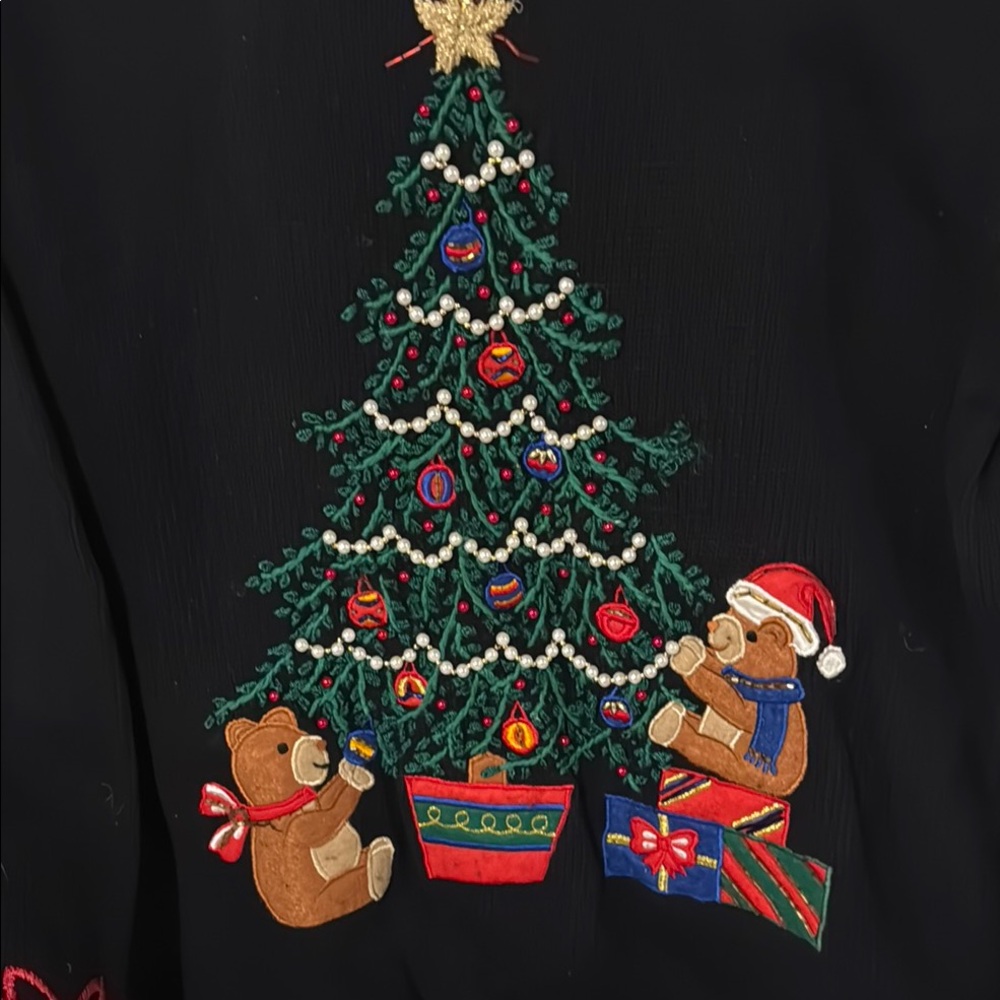 Ugly/Festive Black Christmas Sweater with Tree and Bear Design - Picture 2 of 9